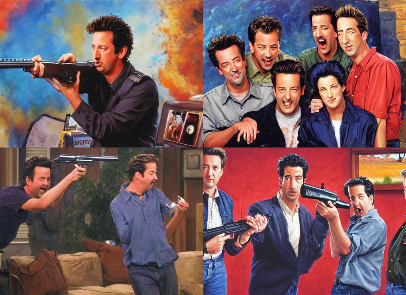 Prompt: 90s sitcom, young Matthew Perry firing a pistol, muzzle flash, David schwimmer screaming, Matthew Perry laughing, 'friends' tv show episode, painting by James gurney