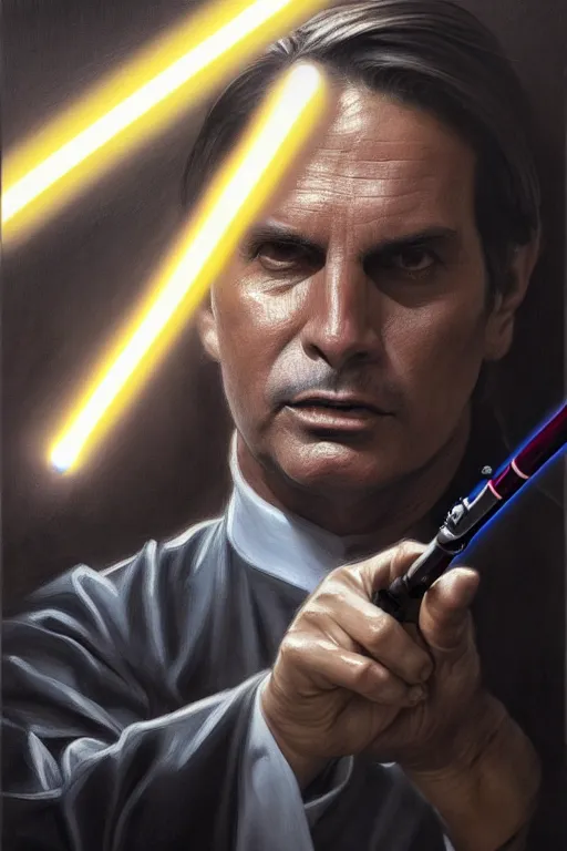 Image similar to breathtaking detailed concept art painting of jair messias bolsonaro holding a lightsaber, by hsiao - ron cheng, exquisite detail, extremely moody lighting, 8 k