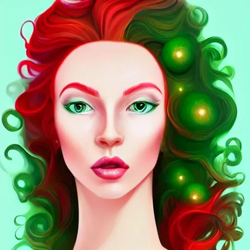 Image similar to an elegant Redhead Pleiadian alien human beautiful hybrid feminine woman, green skin, feminine face, long gorgeous red hair in loose curls, with stunning green eyes, cute face and a roundish nose, as a retrofuturistic heroine, face and body, gorgeous psychedelic digital painting, artstation, concept art, smooth, sharp focus, illustration, art by artgerm and donato giancola and Joseph Christian Leyendecker, Ross Tran, WLOP