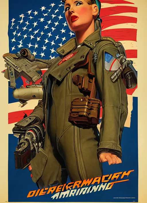 Image similar to american propaganda poster. cyberpunk pilot in military vest and tactical jumpsuit. portrait by jean giraud and anton otto fischer and john philip falter and will eisner and gil elvgren and pixar. realistic proportions. character art. science fiction d & d. overwatch, rb 6 s, cyberpunk 2 0 7 7, blade runner 2 0 4 9.