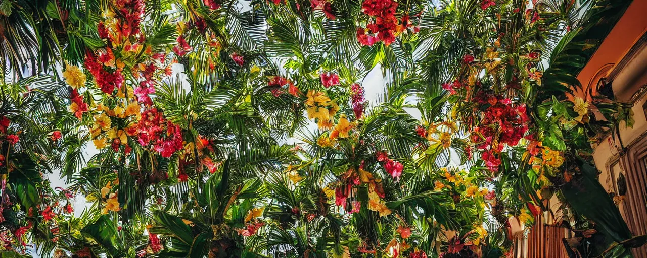 Prompt: a highly detailed oil photo of Tropical Flowers, a view from ground level: elegant, ornate, daytime. this is a beautifully lit scene, fine art photography