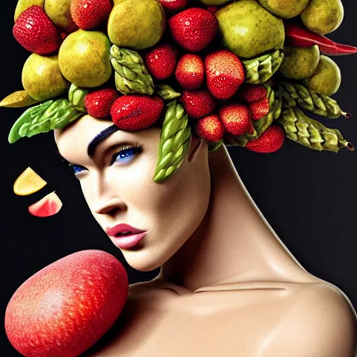 Image similar to megan fox vegan editorial by malczewski, character sculpture by arcimboldo, stil frame from'cloudy with a chance of meatballs 2'( 2 0 1 3 ) of fruit dryad, fruit hybrid megan fox editorial by alexander mcqueen and arcimboldo