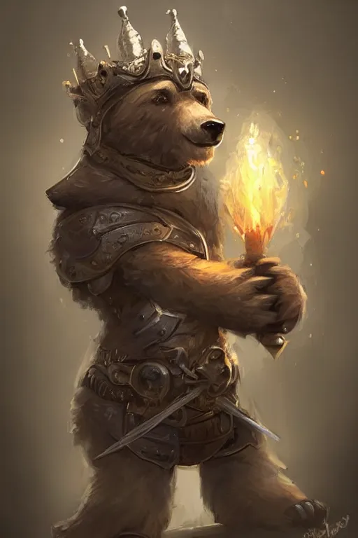 Image similar to cute little anthropomorphic bear knight wearing a cape and a crown, tiny, small, miniature bear, baby animal, short, pale blue armor, cute and adorable, pretty, beautiful, DnD character art portrait, matte fantasy painting, DeviantArt Artstation, by Jason Felix by Steve Argyle by Tyler Jacobson by Peter Mohrbacher, cinematic lighting