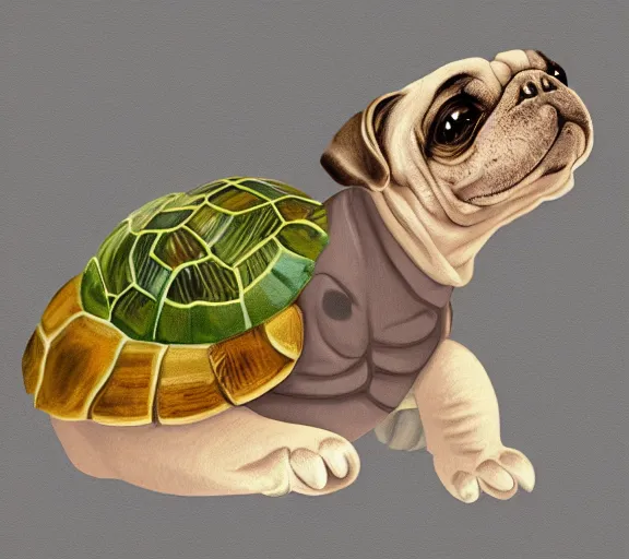 Image similar to a cute little turtle riding on the back of a pug, digital art, colourful