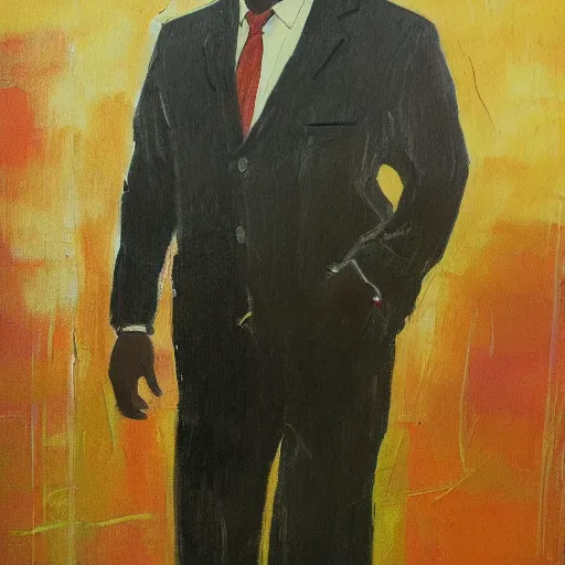 Image similar to a painting of a fatherly, aquiline nose, wide forehead, round face, XXL , loving, caring, generous, ever-present, humble, wise elder from Kenya with a friendly expression in a suit by Lynette Yiadom-Boakye . Fatherly/daddy, focused, loving, leader, relaxed,. ethereal lights, details, smooth, sharp focus, illustration, realistic, cinematic, artstation, award winning, rgb , unreal engine, octane render, cinematic light, macro, depth of field, blur, red light and clouds from the back, highly detailed epic cinematic concept art CG render made in Maya, Blender and Photoshop, octane render, excellent composition, dynamic dramatic cinematic lighting, aesthetic, very inspirational, arthouse.