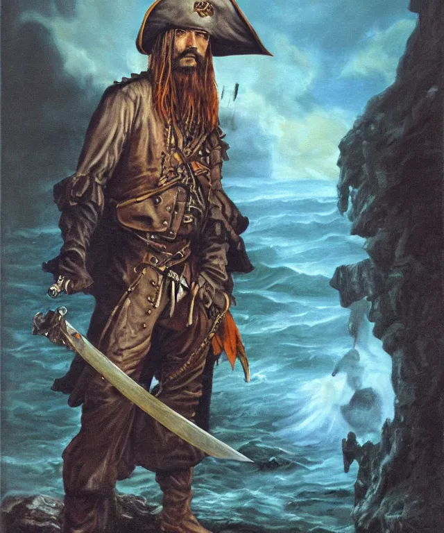 Image similar to ultra realistic color portrait painting of a ghost 1 7 th century pirate with a sword in a grotto, dark, painted, brooding, atmospheric, seascape, horror, smooth, epic, highly detailed, cinematic, by larry elmore