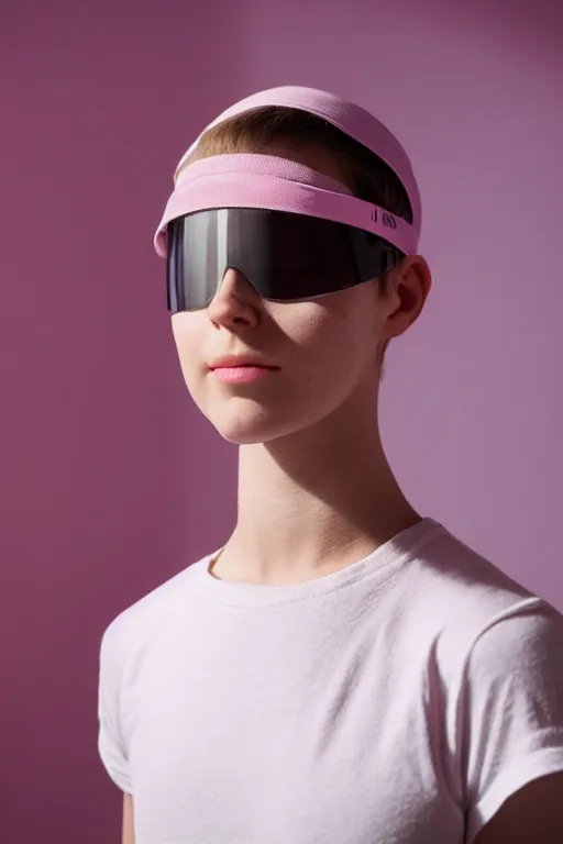 Image similar to a high definition film photograph of a normal androgynous robot human wearing a plain white t - shirt, in a pastel pink room. happy. visor covering eyes. crushed shadows.