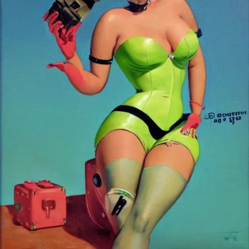 Image similar to portrait of pin up robot in a neon green bikini, art by gil elvgren, earl moran, joyce ballantyne, art frahm
