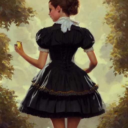 Image similar to highly detailed painting of emma watson wearing a black cat lolita maid dress, 8 k, by greg rutkowski, artgerm, loish, rhads, global illumination