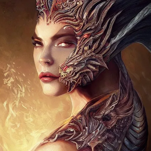 Image similar to portrait of the dragon queen by artgerm, Dragon in dragon lair, HD, full body dragon concept, flying dragon, Human body with dragon features, beautiful queen, perfect face, fantasy, intricate, elegant, highly detailed, digital painting, artstation, concept art, smooth, sharp focus, illustration, ray tracing, 4k realistic 3d rendered portrait, soft shading, soft colors, relaxed colors, hyperdetailed, wide angle lens, fantasy, futuristic horror, armor style of giger