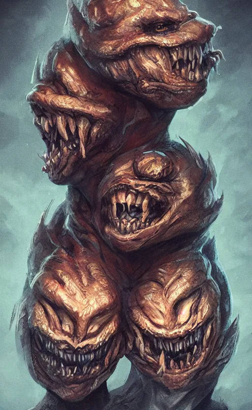 Image similar to full body portrait of of a two headed monster smiley creepily, dynamic lighting, photorealistic, fantasy concept art, ambient lighting, atmospherical, stunning visuals, creative, cinematic, ultra detailed, trending on art station