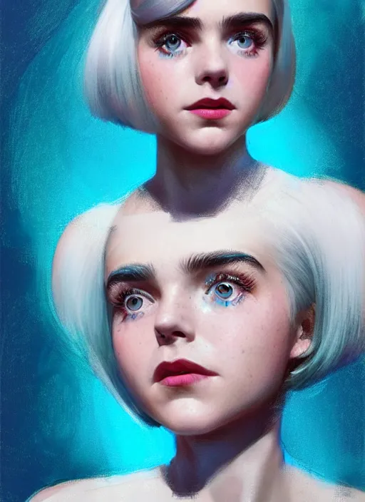 Image similar to portrait of kiernan shipka with freckles, white hair, 1 9 6 0 s bob hairstyle with bangs and hairband, blue 1 9 6 0 s dress, intricate, elegant, glowing lights, highly detailed, digital painting, artstation, concept art, smooth, sharp focus, illustration, art by wlop, mars ravelo and greg rutkowski