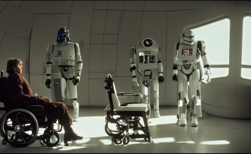 Prompt: cinematic still image screenshot portrait luke skywalker in cybernetic wheel chair talking to a lonely medical droid, from the tv show on disney + anamorphic lens, photo 3 5 mm film kodak from empire strikes back crisp 4 k imax, beautiful image, window into space behind them