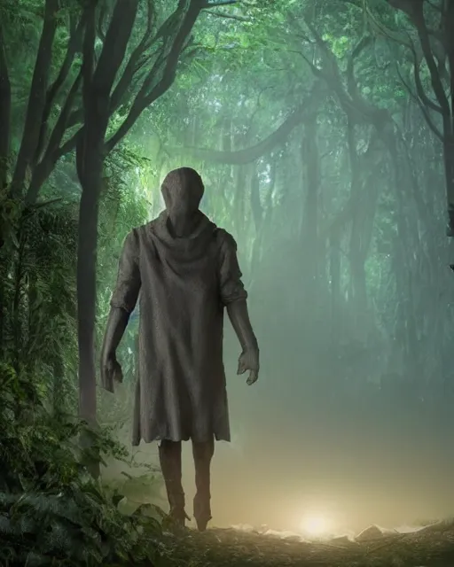 Prompt: a powerful wizard walking towards an ominous statue in a densely overgrown, eerie jungle, fantasy, stopped in time, dreamlike light incidence, ultra realistic