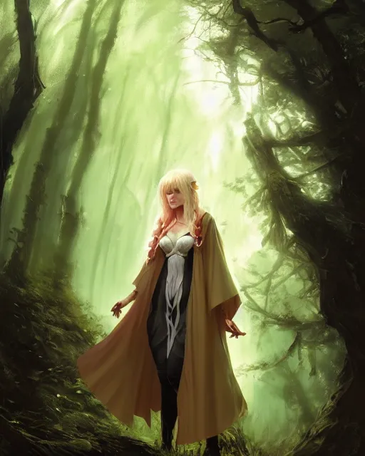 Image similar to blonde young mage with a heavy cloak and chemise casting a spell in the forest, fantasy character portrait, ultra realistic, concept art, intricate details, highly detailed by ilya kuvshinov, greg rutkowski, gaston bussiere, craig mullins, simon bisley