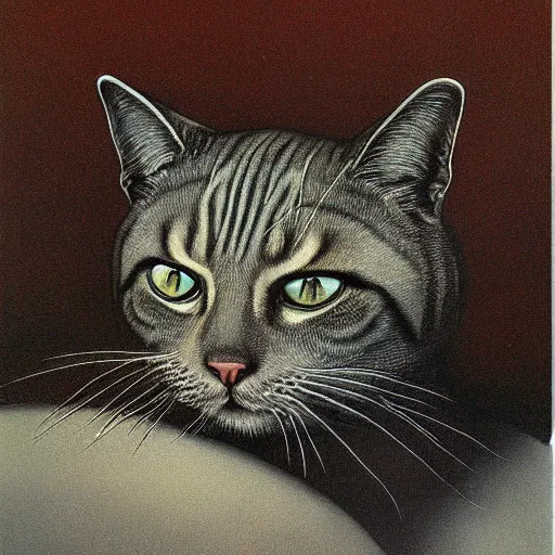 Prompt: painting of a cat by Zdzisław Beksiński