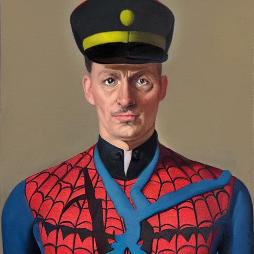 Image similar to portrait of spiderman as the german chancellor, 1 9 3 5, military uniform, oil on canvas by william sidney mount, trending on artstation