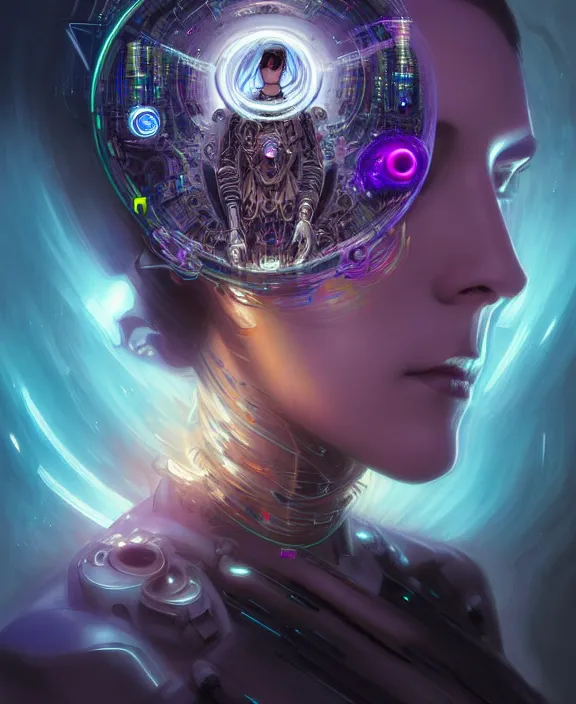 Image similar to a whirlwind of souls rushing inside the metaverse, hologram, half body, neurochip, shaved temple, piercing, jewelry, android, cyborg, cyberpunk face, by loish, d & d, fantasy, intricate, elegant, highly detailed, colorful, digital painting, artstation, concept art, art by artgerm and greg rutkowski and alphonse mucha