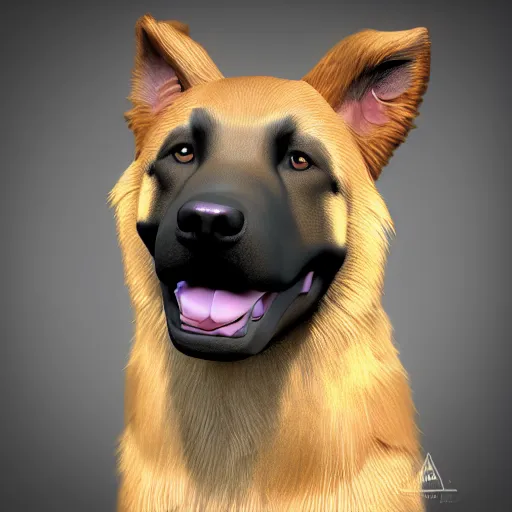 Image similar to 3 d model of a german shepherd and golden retriever mixed breed dog, octane render, raytraced