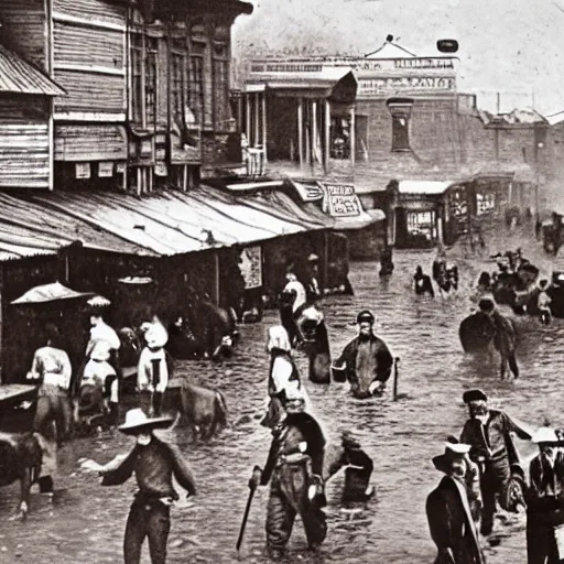 Image similar to flood on Wild West town, crowd cowboy at high noon, 1890 hyperrealistic