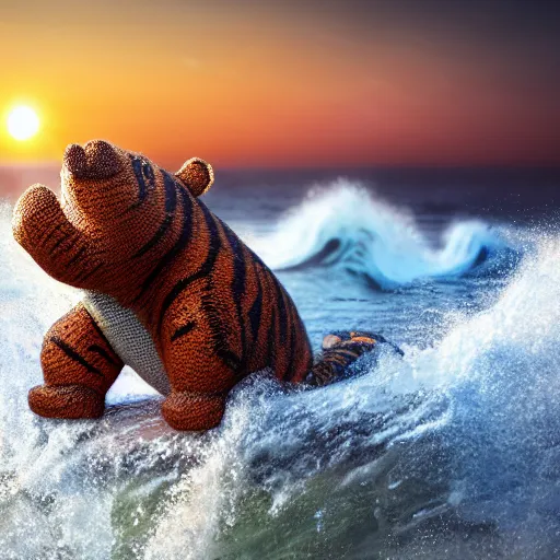 Image similar to a closeup photorealistic photograph of a cute knitted tiger hippopotamus riding an epic wave during sunset. well textured. surf in the background. professional capture. brightly lit scene. this 4 k hd image is trending on artstation, featured on behance, well - rendered, extra crisp, features intricate detail, epic composition and the style of unreal engine.