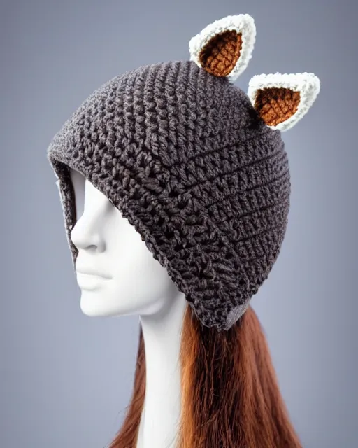 Image similar to a crocheted raccoon hat, very detailed, animal hat, cute details, product photo, promotional image, sharp focus, studio lighting. fzd school of design