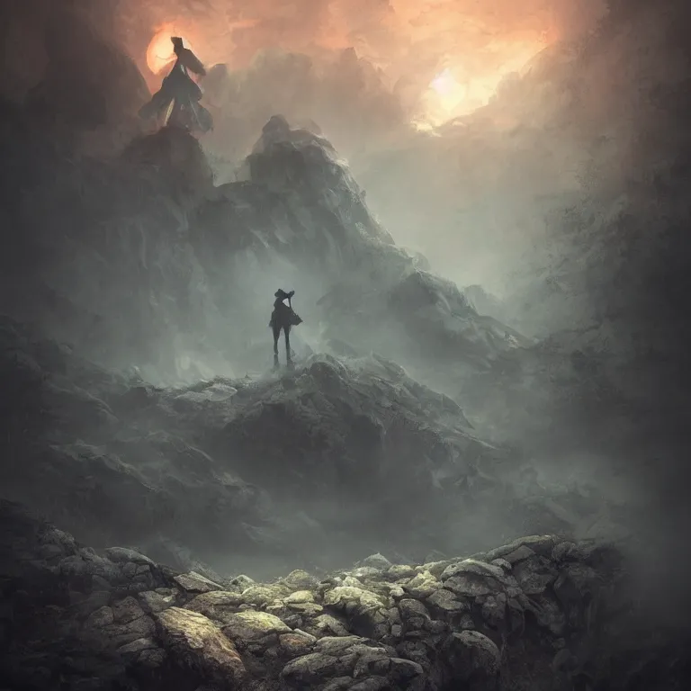 Prompt: a gigantic demon on a cobblestone hard mountain, night, scary, eerie, lighting, rim light, digital art.