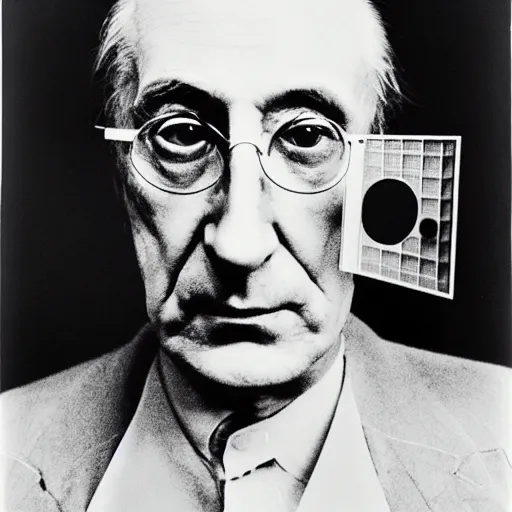 Prompt: a minimalist portrait of Marcel Duchamp holding computer cabled and chess piece in the style of Annie Leibovitz, Irving Penn, Hito Steyerl, Akira Kurosawa, Shinya Tsukamoto, wide angle, monochrome, futuristic tetsuo