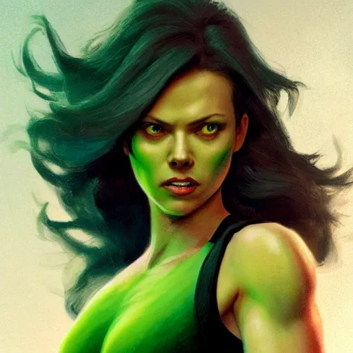 Image similar to she hulk, played by scarlett johannson, beautiful, cinematic, head and shoulders, trending on artstation, digital art, hyper realistic, striking pose, by greg rutkowski