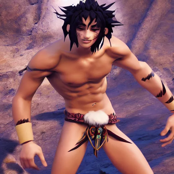 Image similar to 3 d render of a cute tribal anime boy in a loincloth, body paint, lithe, fantasy artwork, fluffy hair, mid - shot, award winning, hyper detailed, very very very beautiful, studio lighting, artstation, unreal engine, unreal 5, 4 k, octane renderer