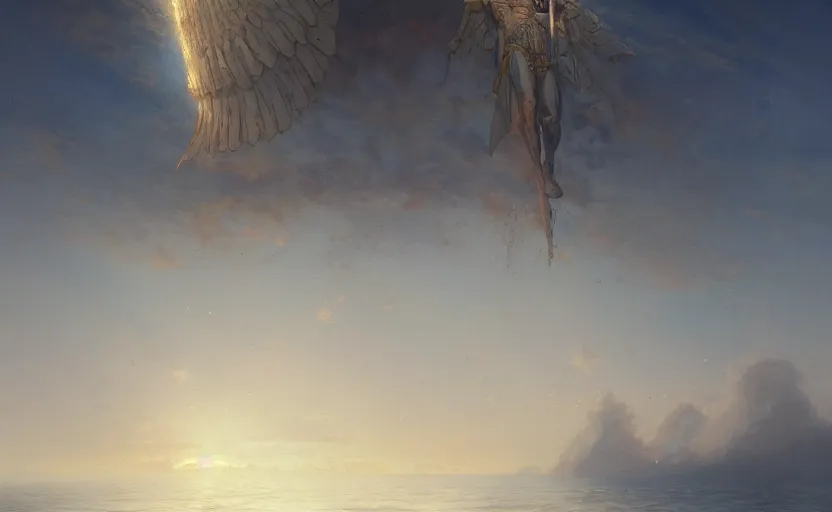 Prompt: concept art, anunnaki god enki floting over the ocean by james gurney, greg rutkowski, and john howe, background of the sky at dusk, artstation