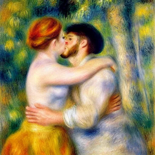 Prompt: art by renoir, man kissing man, people wearing clothes