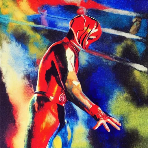 Image similar to photorealistic picture, by bob peak and alex ross, rey mysterio wwf debut, gouache and wash paints, fine details, fine intricate, fine facial proportionate, fine body proportionate, fine fix broken line, fine fix duplicate line, fine background proportionate, smooth focus, sharp details, bokeh, 4 k, fine 5 k details