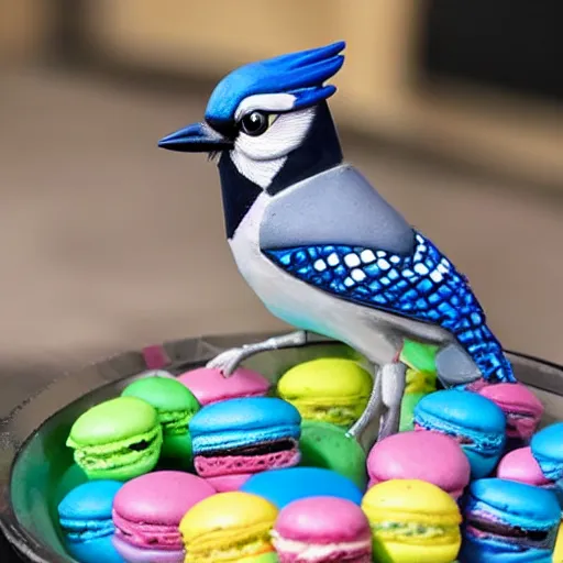 Image similar to A blue jay standing on a large basket of rainbow macarons.