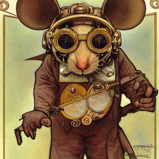 Prompt: a rat with steampunk googles, by Alfons Maria Mucha