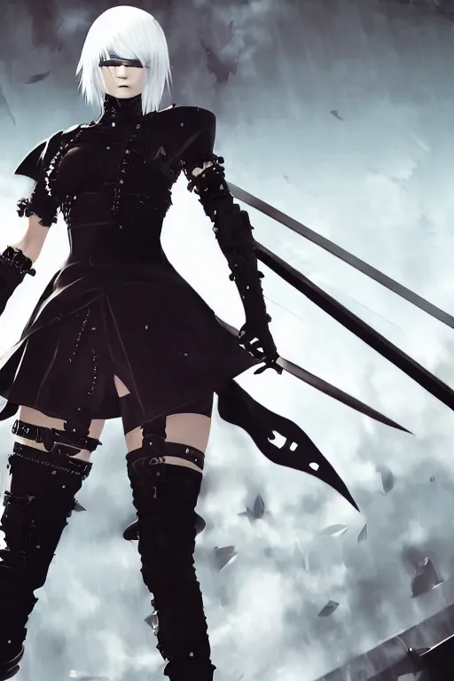 Image similar to nier automata warrior with swords, goth ninja, pretty face, ultra detailed, digital art, 8k ,character ,realistic, portrait, hyperrealistic