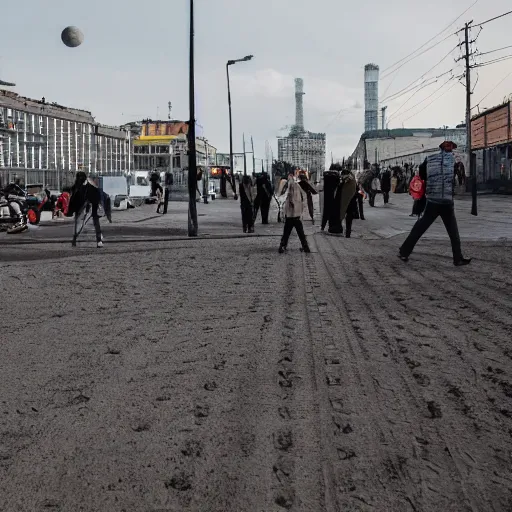 Prompt: moonwalker photo, lunar soil, people on the city street, a detailed photo of a future norilsk base, moon landscape, streetphoto