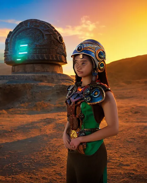 Prompt: centered medium shot fine studio photograph of a young woman wearing only a solarpunk mecha Mayan helmet with bright lights, ultra-realistic, white background, 8k HDR sunset lit, intricate