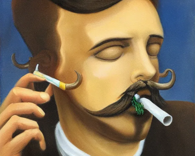 Image similar to a surreal painting of a young man with a handlebar mustache smoking a joint