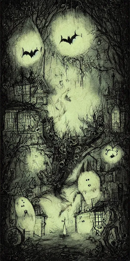 Prompt: a ghost and bat scene by alexander jansson