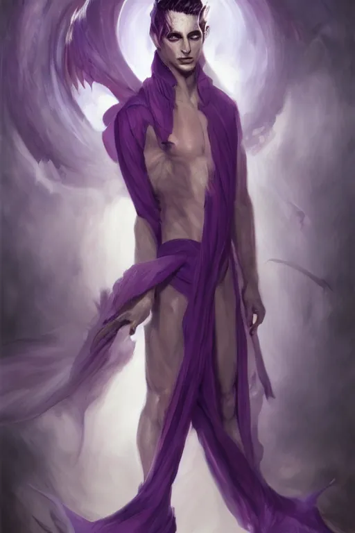 Image similar to young male djinn man demon hybrid, portrait, concept art, purple cloak, single face, illustration, costume design, white spiral horns, editorial photo, fashion, hyperrealism, realism, trending on artstation, Charlie Bowater, WLOP