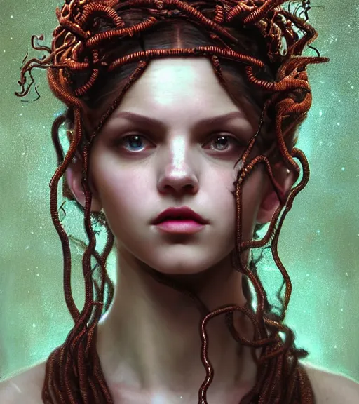 Image similar to portrait of alopecia naughty teen medusa, vipers grow from her head, wearing an embroidered rusty tunic, dark background, intricate, elegant, copper and emerald jewelry, glowing lights, highly detailed, digital painting, artstation, concept art, smooth, sharp focus, illustration, art by wlop, mucha, artgerm, and greg rutkowski