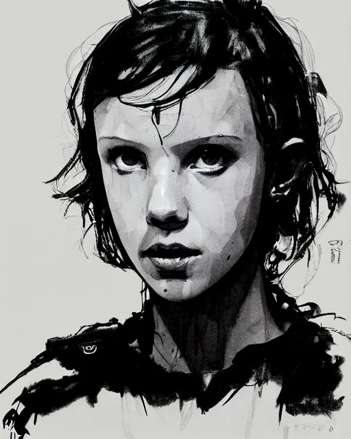 Image similar to portrait of millie bobby brown by yoji shinkawa, dark lighting