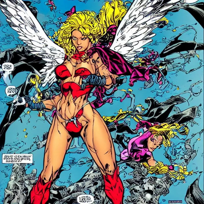 Image similar to a beautiful female angel fighting spawn, fierce, powers, comic, art by todd mcfarlane