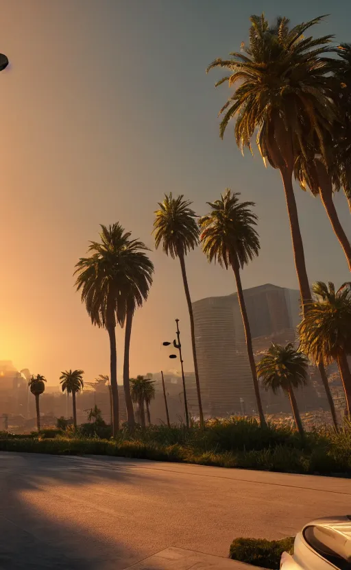 Prompt: a unreal engine scene, los angeles, palms, sunset, concept art, hyperrealistic, trending on artstation, high quality, highly detailed, path traced, soft lighting, soft colors, digital art, 8 k hdr, octane render, unreal engine 5,