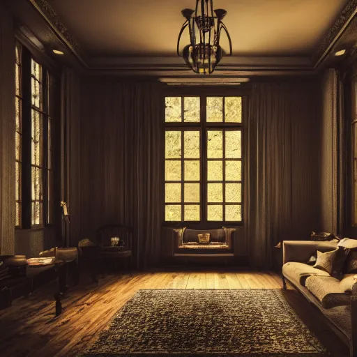 Image similar to interior of luxury house, cinematic, filmic, photography, vignette, dark, 4 k, 8 k, ultra - hd, moody lighting, hanging in the woods