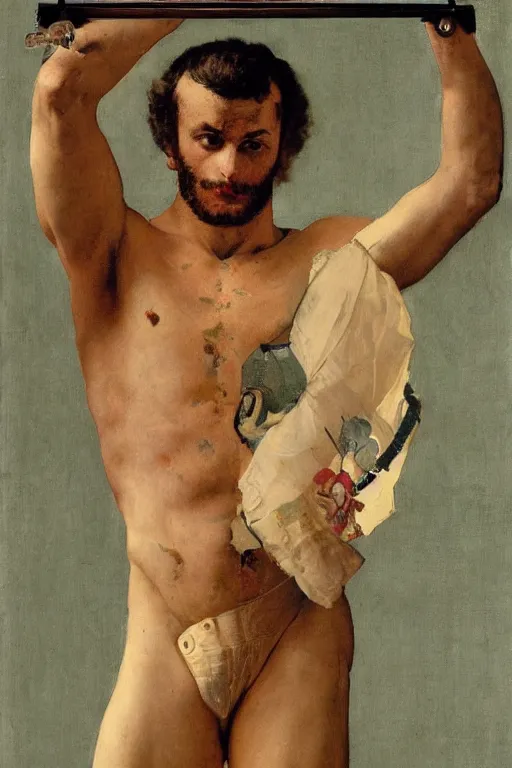 Image similar to body portrait of Pierre Casiraghi posing as a wrestler, colour painting by norman rockwell, guidi prime background by carl spitzweg