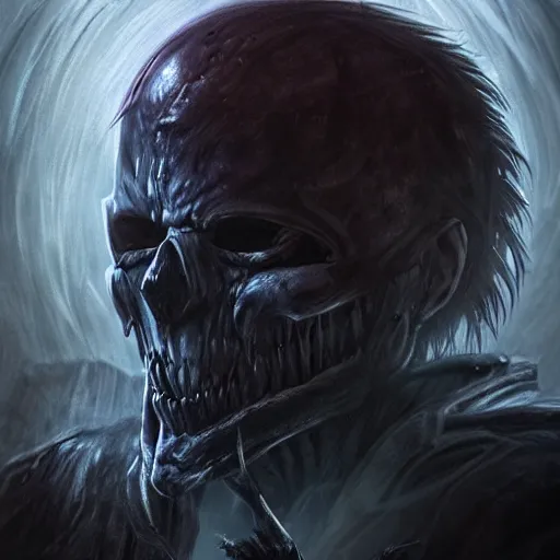 Image similar to photorealistic dark fantasy concept art of nightmare sans with his eye glowing, dynamic lighting, stunning visuals, ray tracing, beautiful scenery, cinematic, full body portrait, ultra detailed, hyper detail, stunning detail