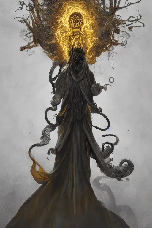 Image similar to A full body portrait of a mysterious character with no face with a very long hooded yellow cloak, a golden crown floating above his head tentacles coming out the ground art by James Paick, and Shaddy Safadi, ominous, cosmic horror, trending on artstation, Ultra detailed, hyper realistic 4k