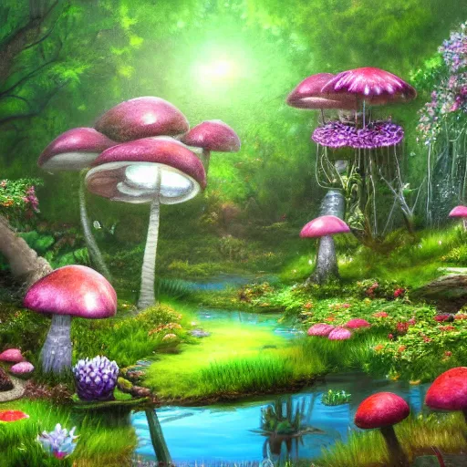 Prompt: secret garden in forest with flowers, toadstools, and pond, detailed airbrushed magical realism landscape painting 4 k